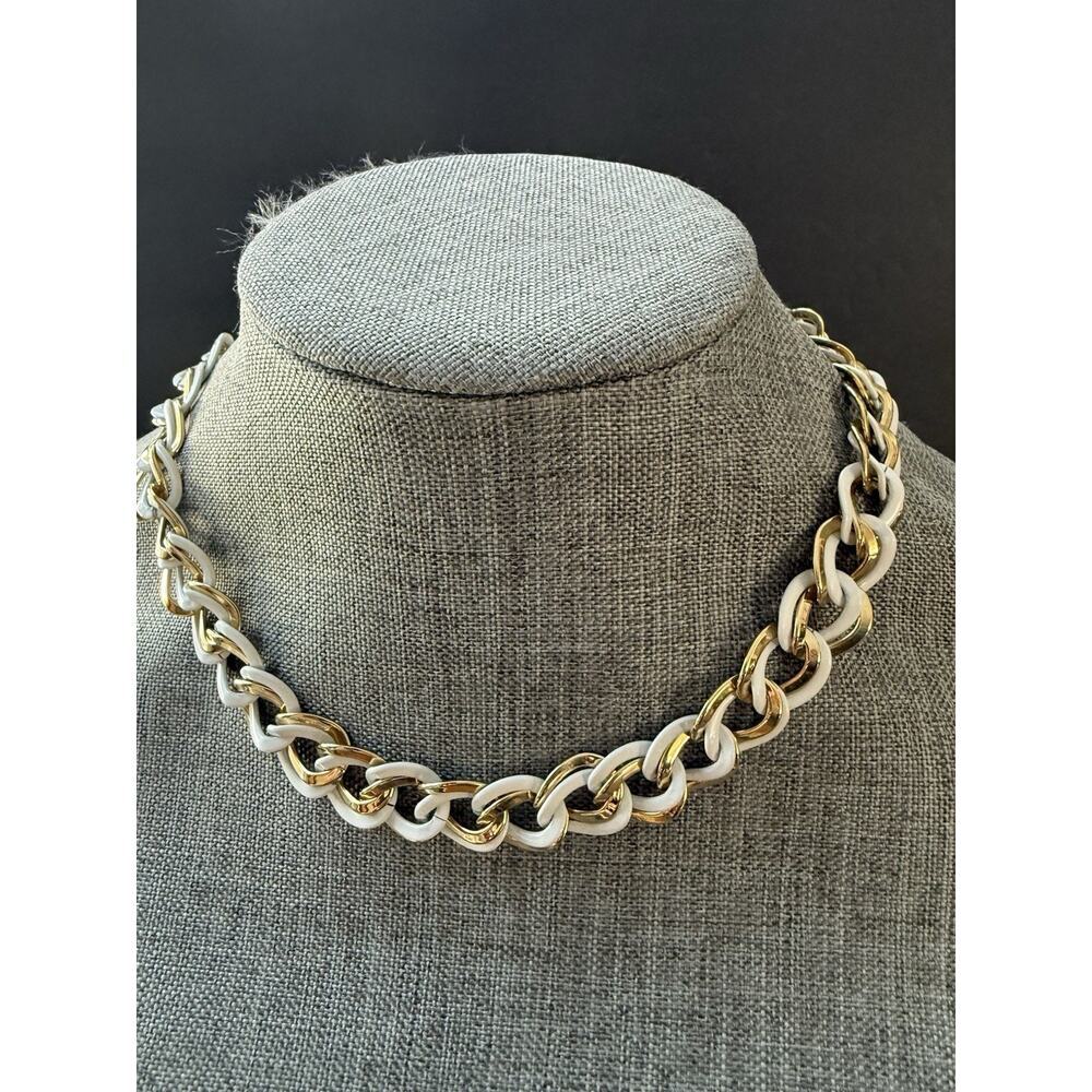 Vintage Enamel Chain Link Necklace White Gold Tone Classic Minimalist Layered